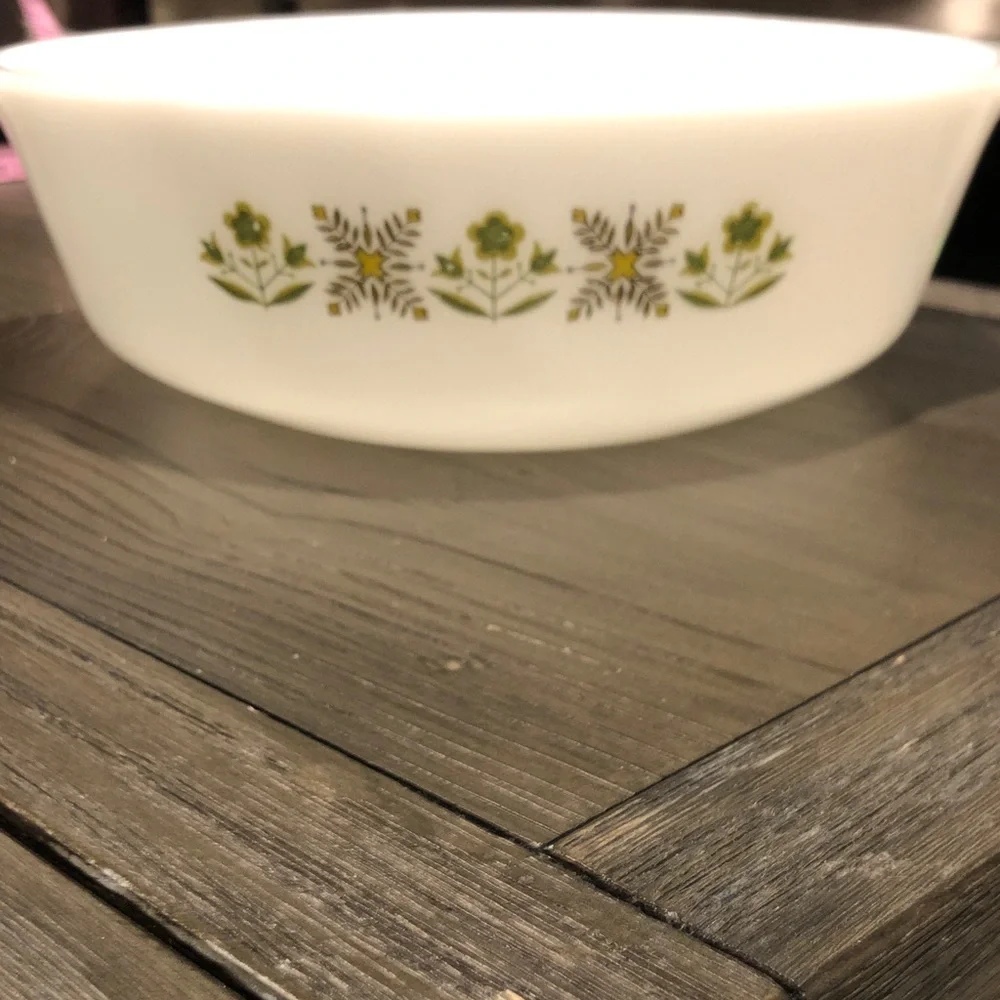 Anchor Hocking Fire King White Green Meadow Baking Dish 1.5QT